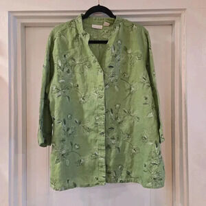 Tweeds Embroidered Floral Linen Button Down Tunic Green Womens Size 1X